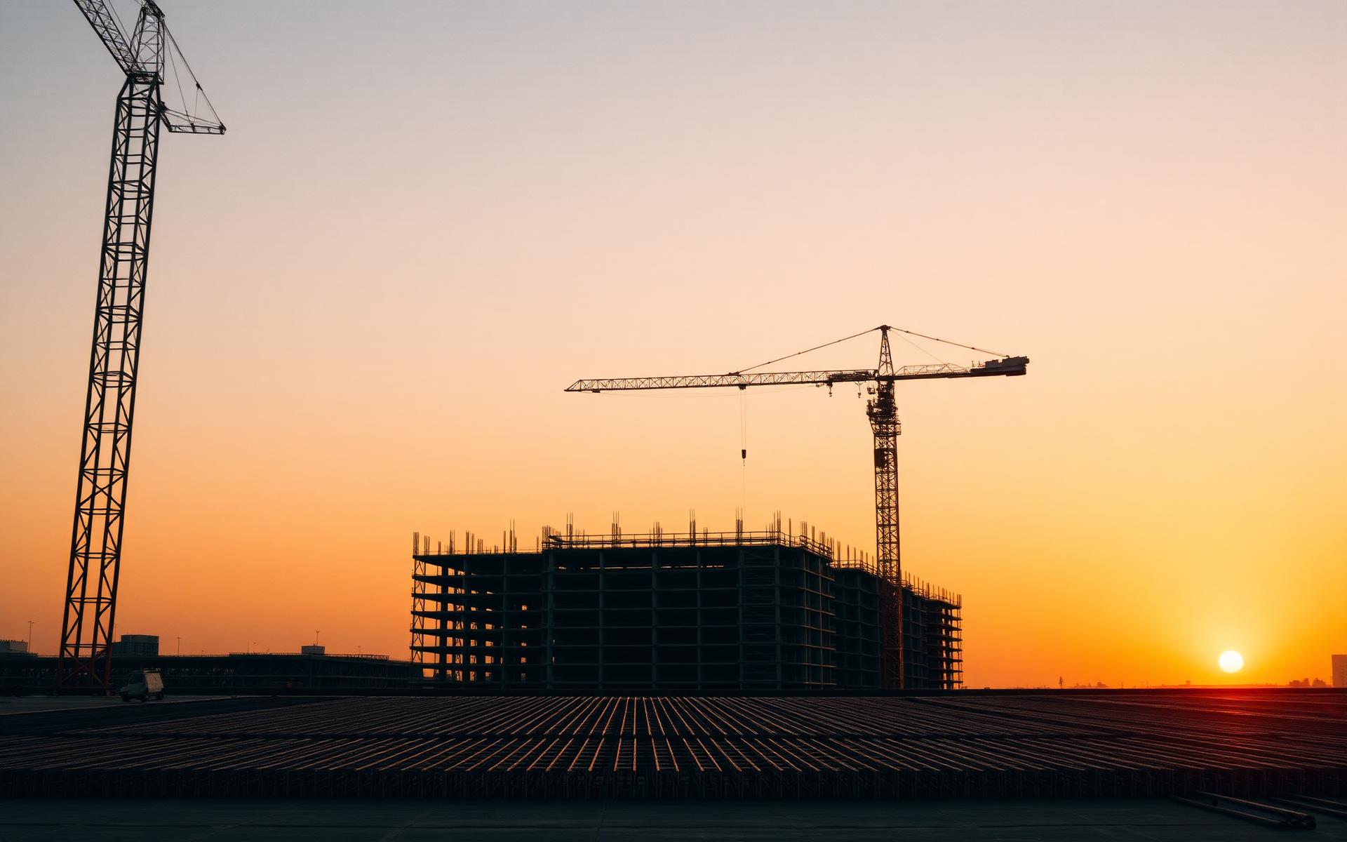 Dubai post-tensioning construction site at sunset with tower crane and exposed rebar